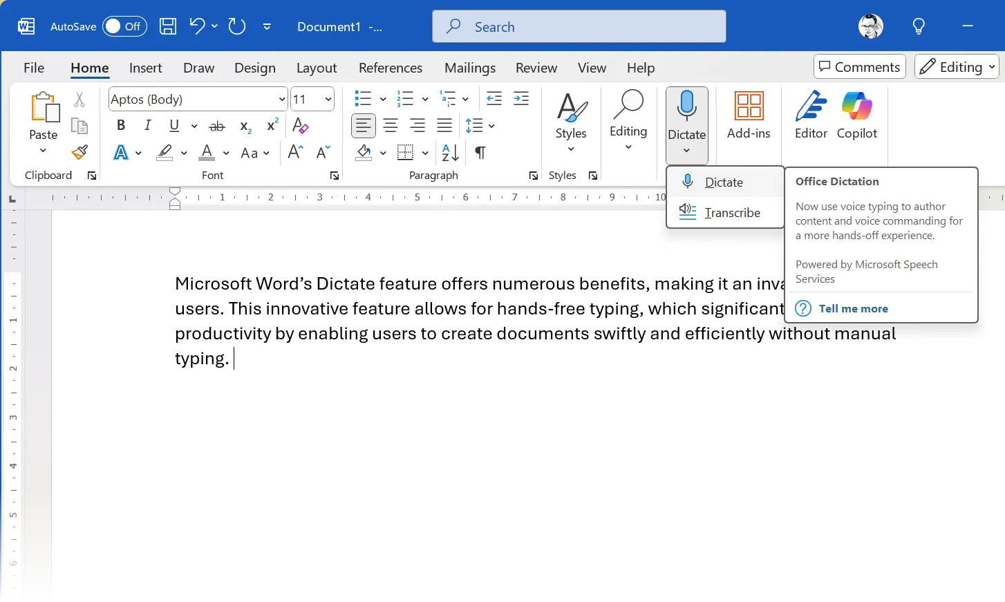 Chụp màn hình tính năng Dictate (Gõ giọng nói) của Microsoft Word đang hoạt động, hiển thị tùy chọn bật micrô để ghi âm và chuyển đổi lời nói thành văn bản.