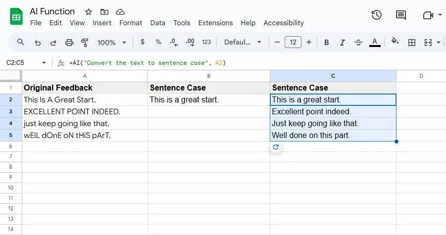 Chuyển đổi một loạt ô sang định dạng câu bằng AI trong Google Sheets