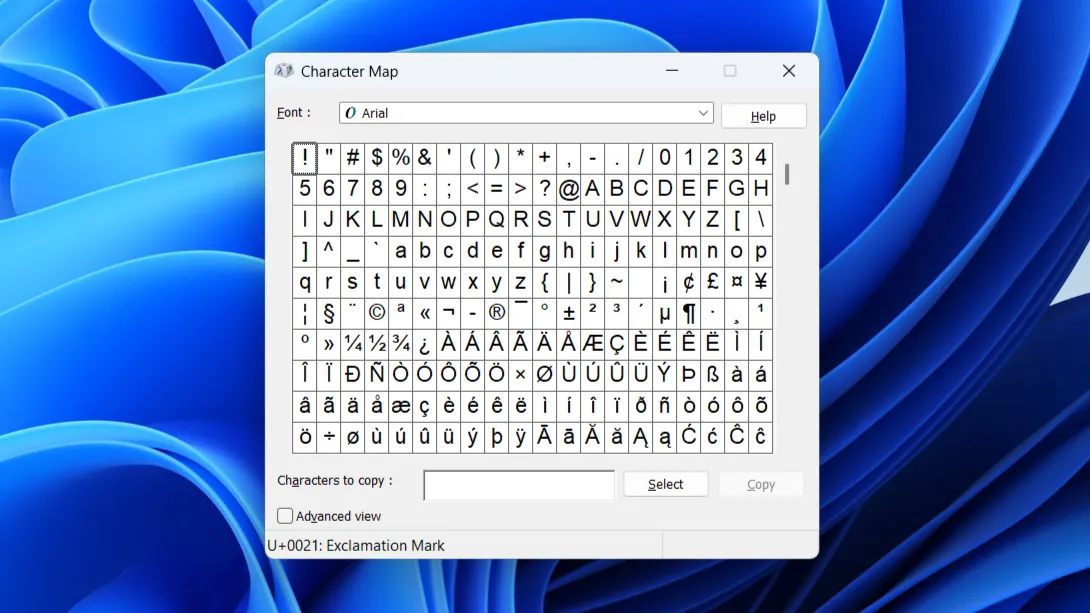 Công cụ Character Map cũ trên hệ điều hành Windows 11