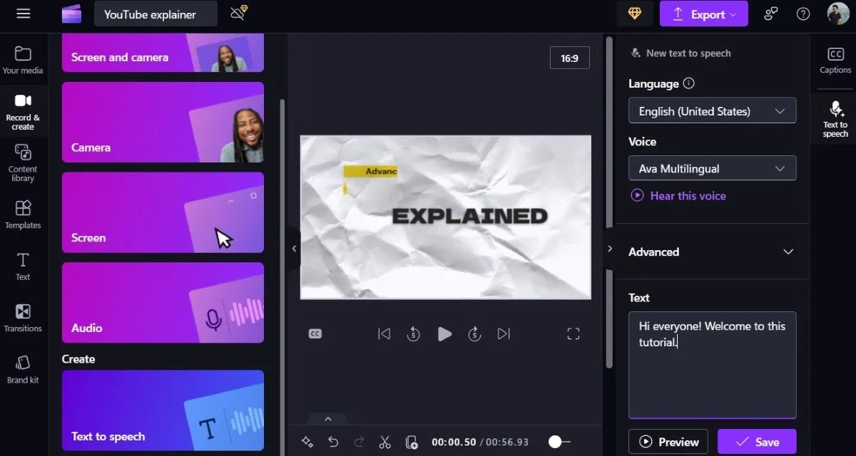 Công cụ chuyển văn bản thành giọng nói (Text-to-Speech) trong Clipchamp với nhiều tùy chọn ngôn ngữ