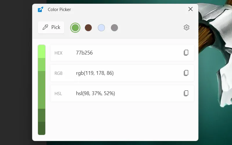 Công cụ Color Picker của PowerToys đang hoạt động trên Windows, hiển thị mã màu đã chọn.