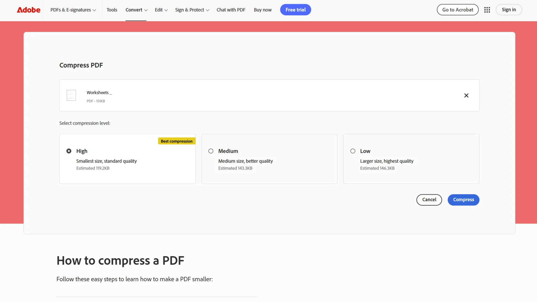 Công cụ nén PDF của Adobe Acrobat online với các mức nén High, Medium, Low và ước tính dung lượng file sau khi nén