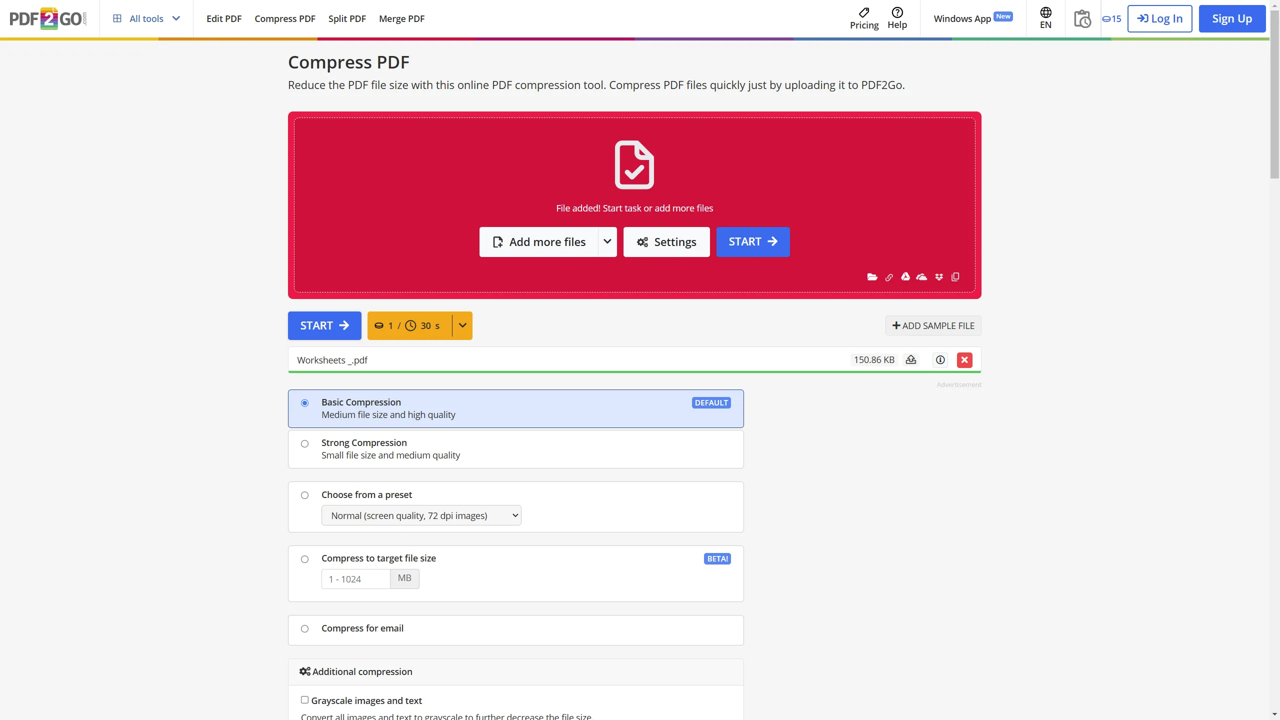 Công cụ PDF2Go với nhiều tùy chọn nén PDF chuyên sâu bao gồm Basic, Strong, nén cho email và tùy chỉnh kích thước file