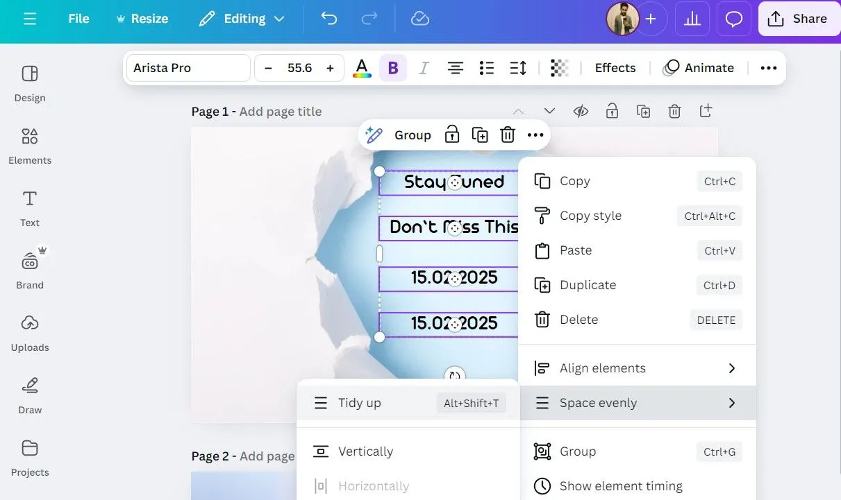 Công cụ Tidy Up trong Canva giúp căn chỉnh và phân bố các yếu tố đều đặn chỉ với một cú nhấp.