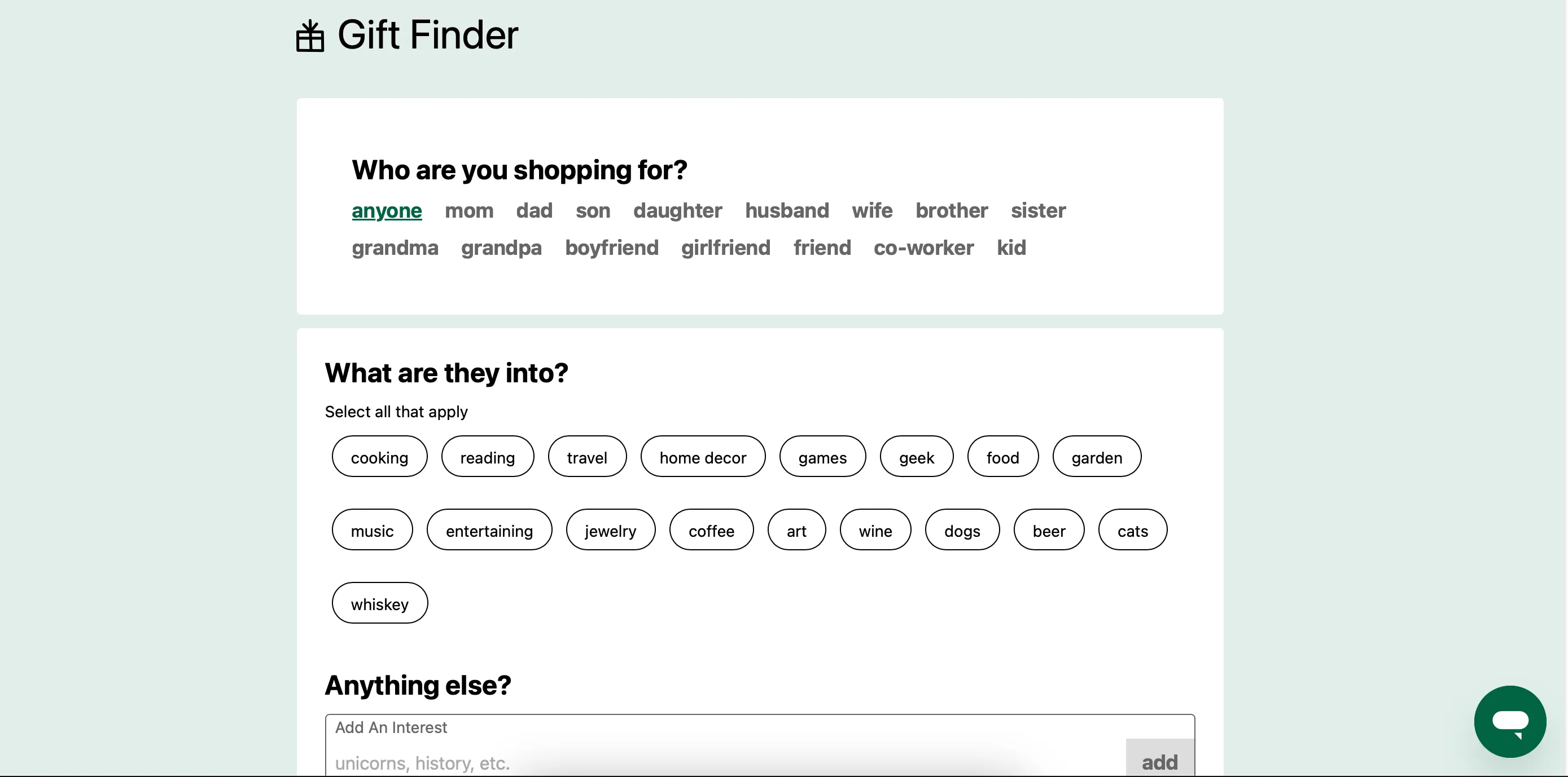 Công cụ tìm kiếm quà tặng "Gift Finder" trên giao diện website Uncommon Goods