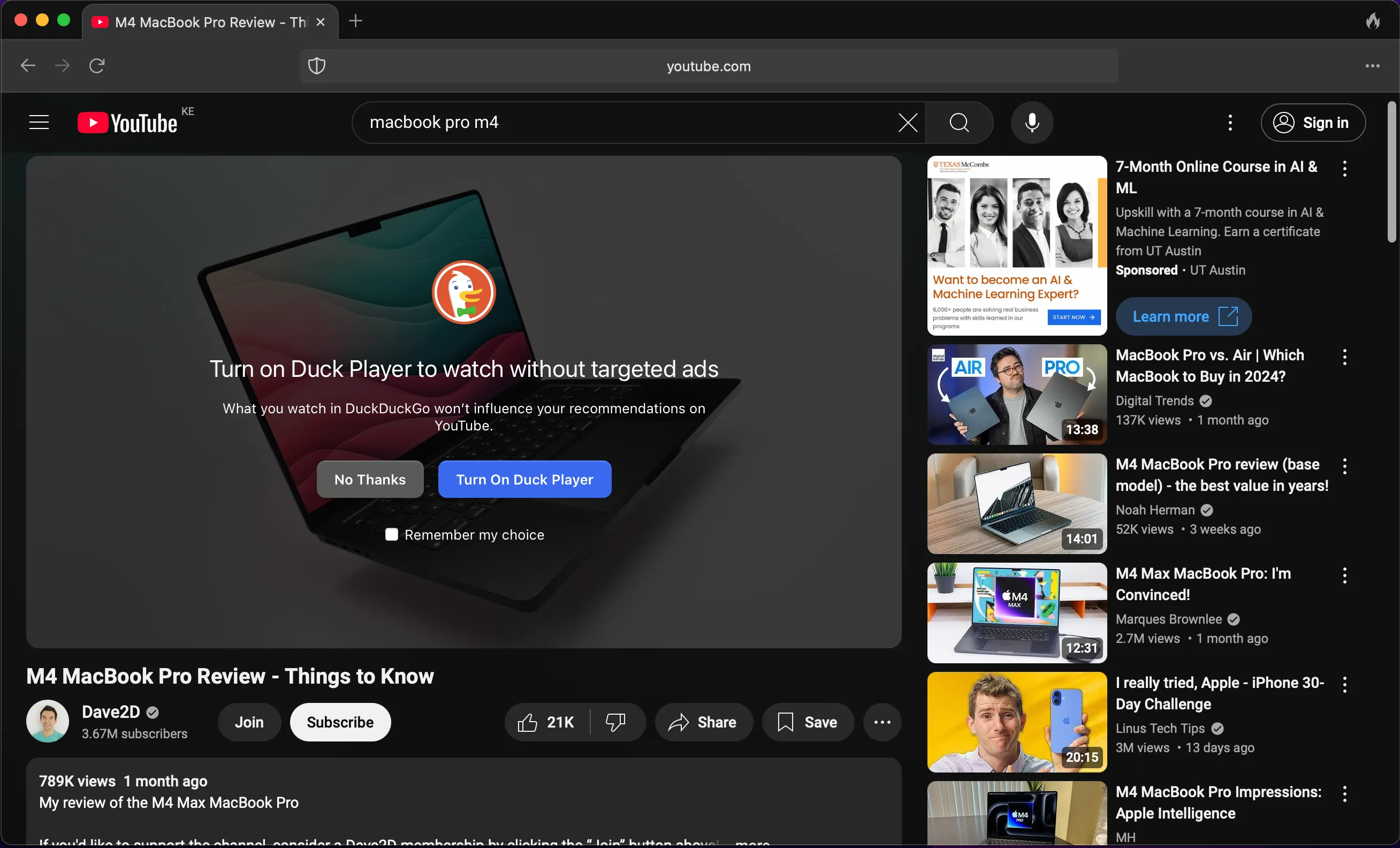 Cửa sổ bật lên hỏi sử dụng Duck Player để xem video YouTube riêng tư trong trình duyệt DuckDuckGo