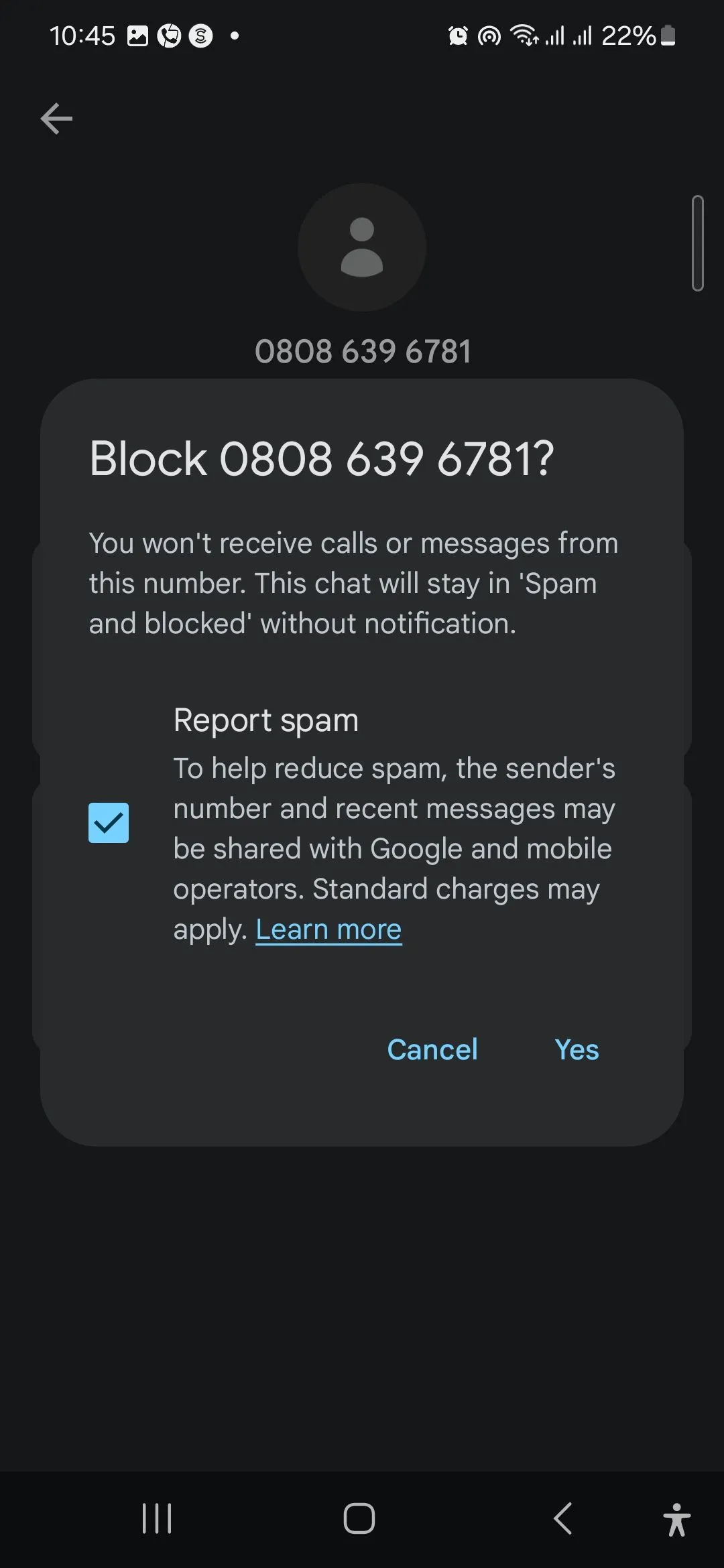 Cửa sổ bật lên xác nhận chặn và báo cáo số điện thoại spam