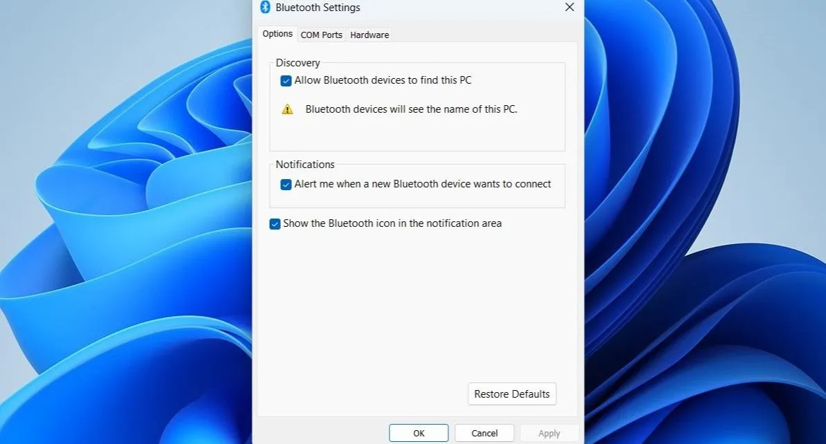 Cửa sổ Cài đặt Bluetooth trên Windows hiển thị tùy chọn biểu tượng