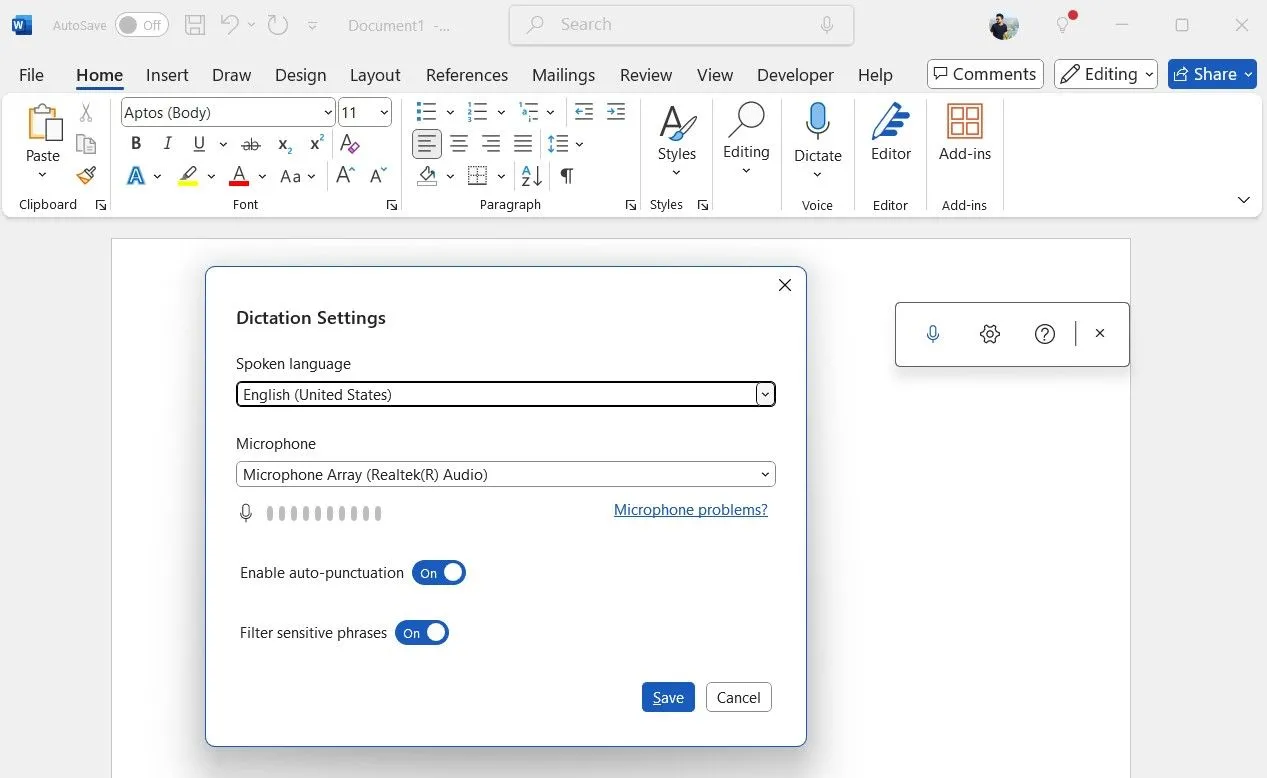 Cửa sổ cài đặt công cụ nhập liệu Dictation trong Microsoft Word với tùy chọn tự động ngắt câu và chọn ngôn ngữ