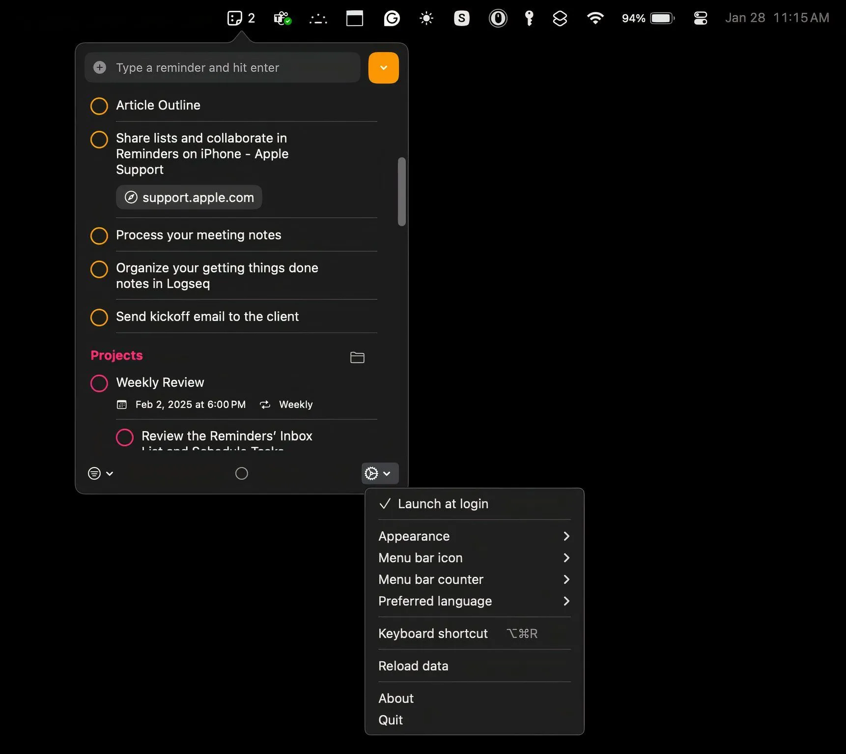 Cửa sổ cài đặt của Reminders MenuBar cho phép cấu hình khởi chạy và phím tắt nhanh.