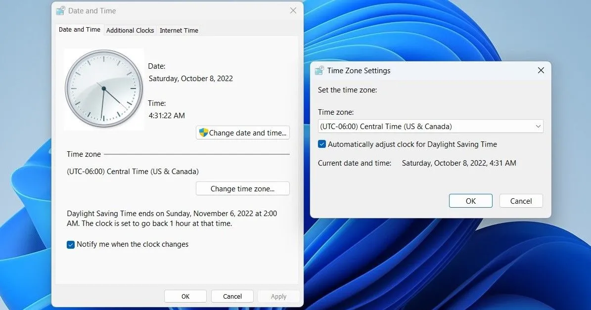 Cửa sổ Cài đặt Ngày và Giờ &amp; Múi giờ trên Windows 11 khi chỉnh giờ DST qua Control Panel
