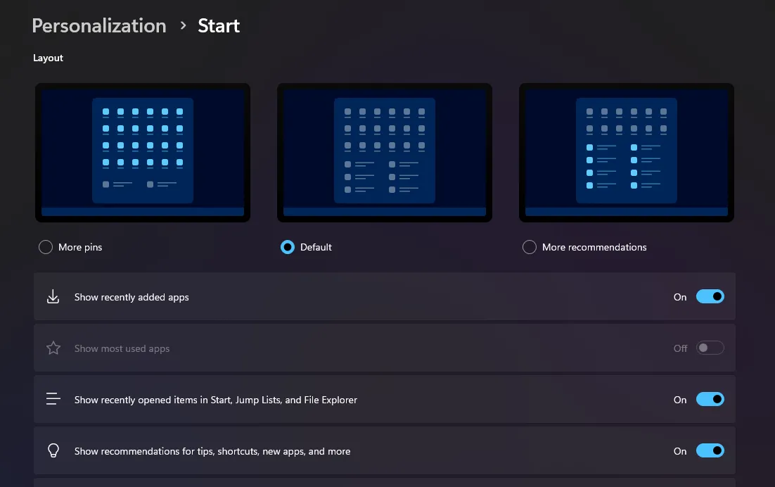 Cửa sổ cài đặt Start Menu Windows 11 hiển thị các tùy chọn cá nhân hóa như gợi ý ứng dụng và mục gần đây