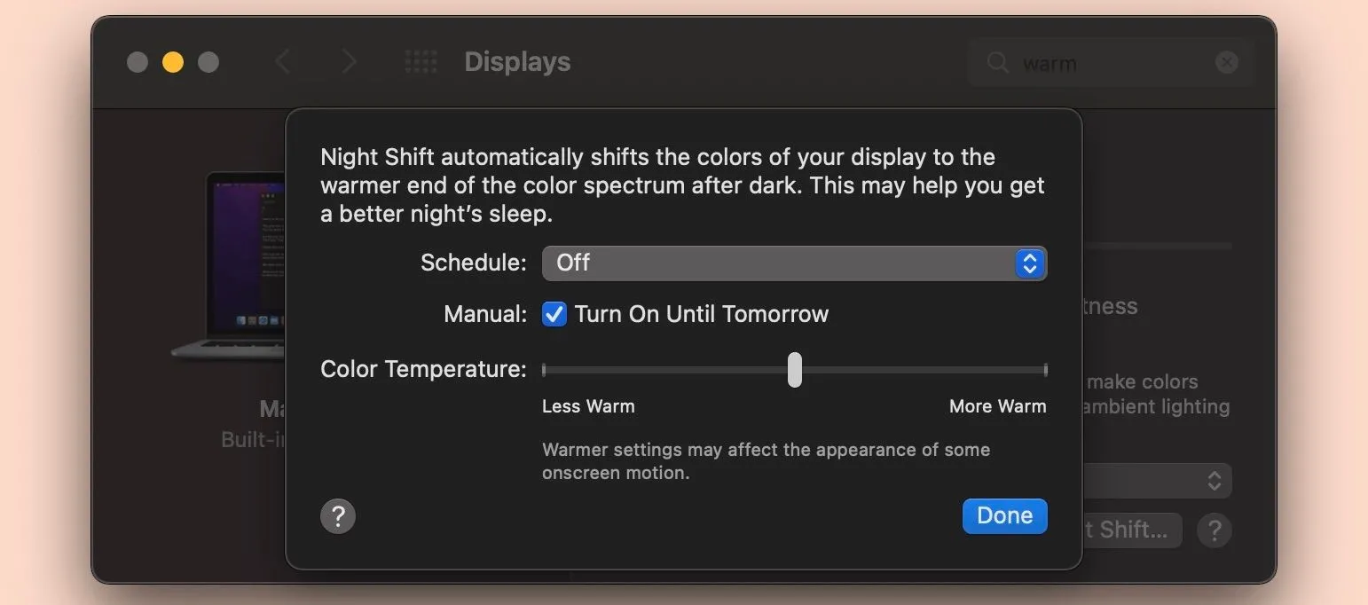 Cửa sổ cài đặt tính năng Night Shift trên máy Mac, hiển thị tùy chỉnh bộ lọc ánh sáng xanh.