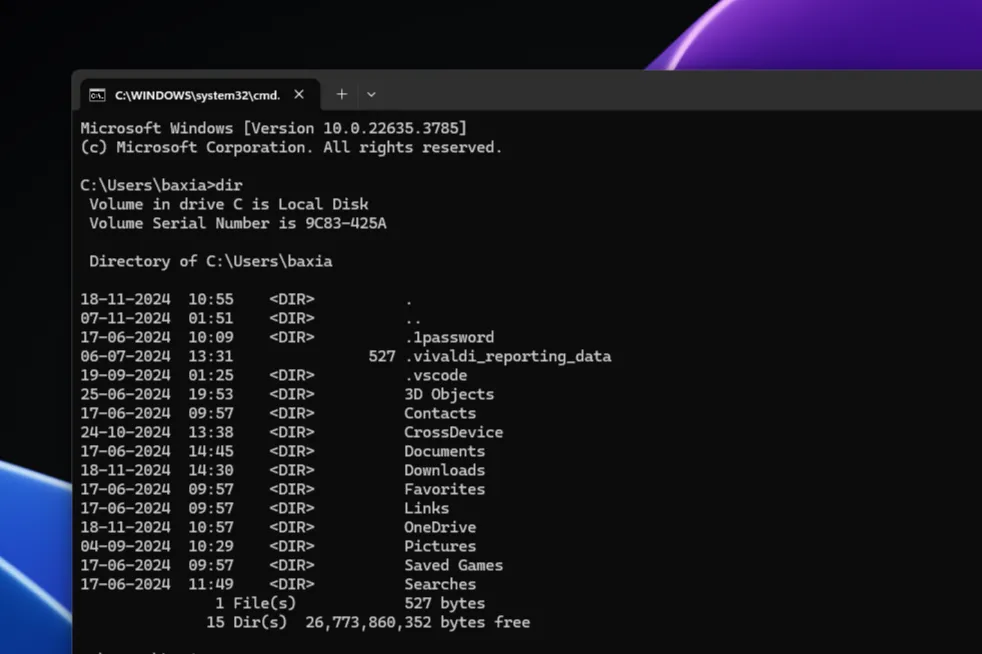 Cửa sổ Command Prompt (CMD) trên hệ điều hành Windows 11, minh họa giao diện dòng lệnh cơ bản.