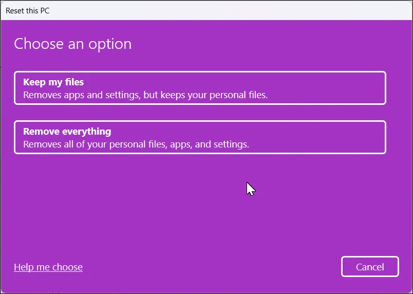 Cửa sổ &quot;Đặt lại PC này&quot; với các tùy chọn &quot;Giữ lại tệp của tôi&quot; và &quot;Xóa mọi thứ&quot; trong Windows 11