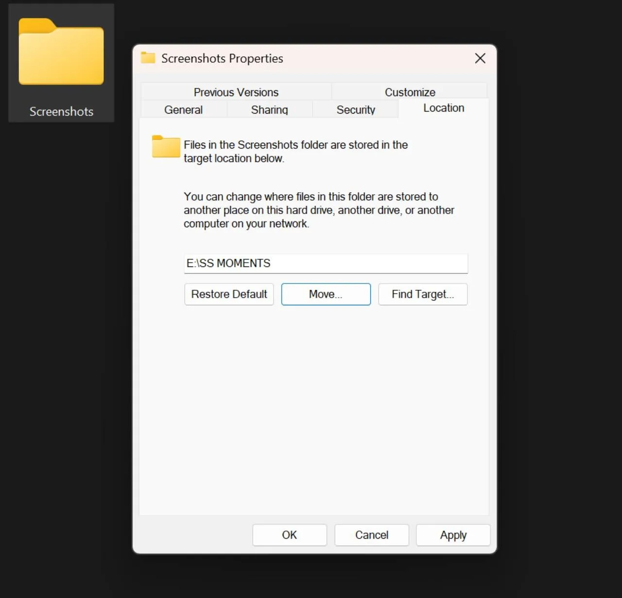 Cửa sổ File Explorer hiển thị tab Location đã chọn trong Properties của thư mục Screenshots
