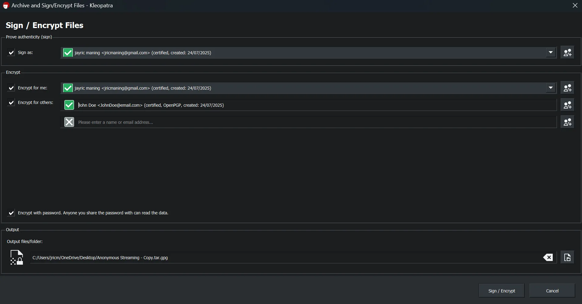 Cửa sổ Kleopatra nhập mật khẩu khi mã hóa file PGP