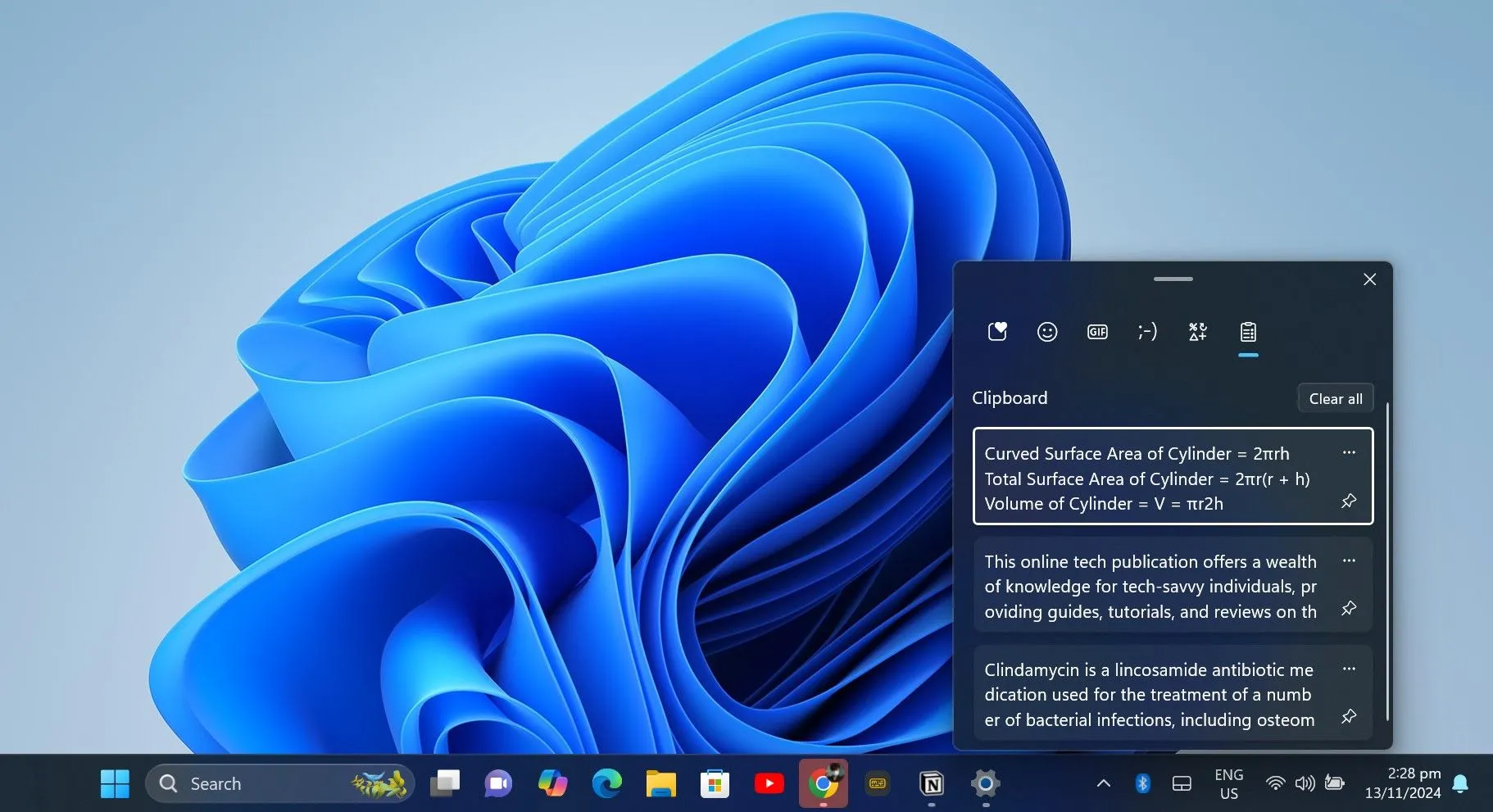 Cửa sổ lịch sử khay nhớ tạm (Clipboard History) hiển thị các mục đã sao chép gần đây trên Windows, truy cập bằng phím tắt Win + V.
