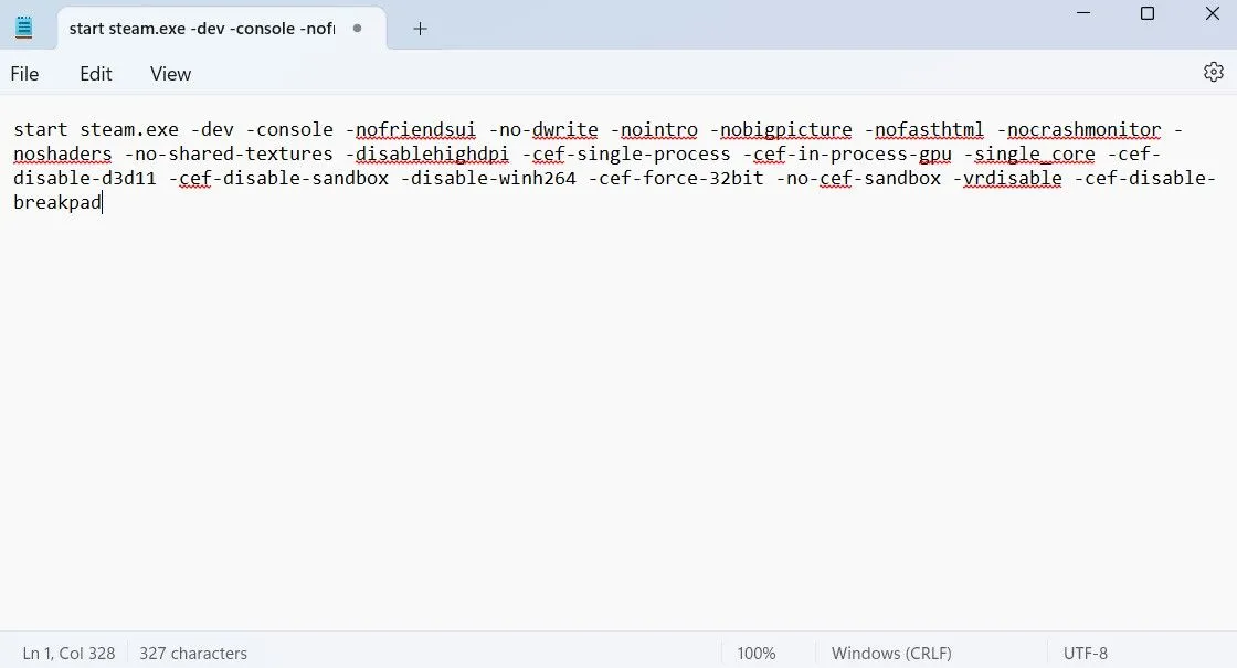 Cửa sổ Notepad hiển thị lệnh tối ưu Steam để tạo file batch