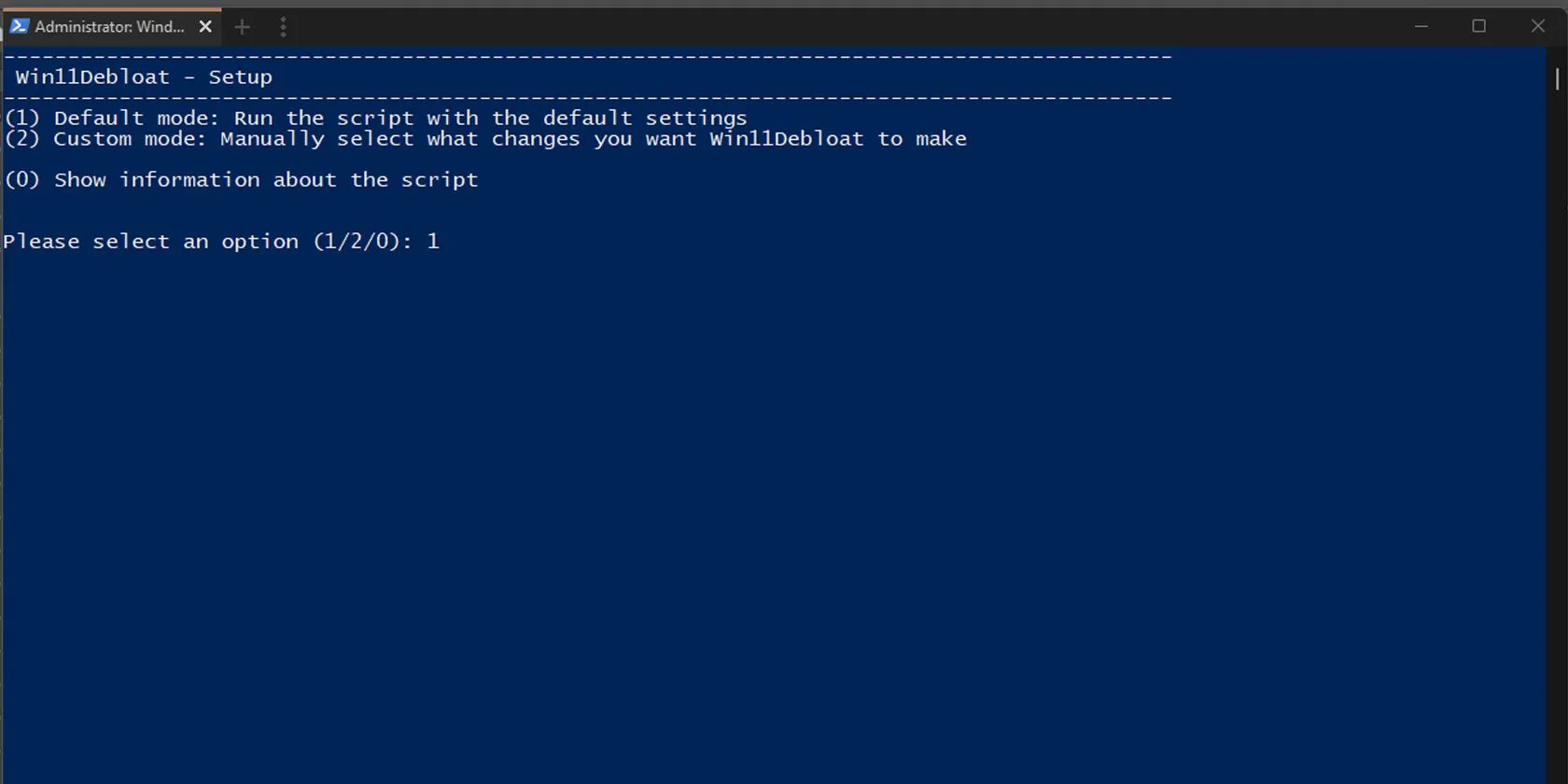 Cửa sổ PowerShell hiển thị quá trình cài đặt công cụ Win11Debloat, giúp gỡ bỏ bloatware nhanh chóng trên Windows 11