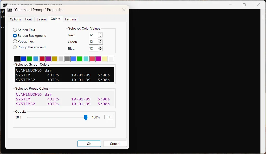 Cửa sổ Properties của Command Prompt trên Windows, cho phép tùy chỉnh font chữ, bố cục và màu sắc giao diện CMD.