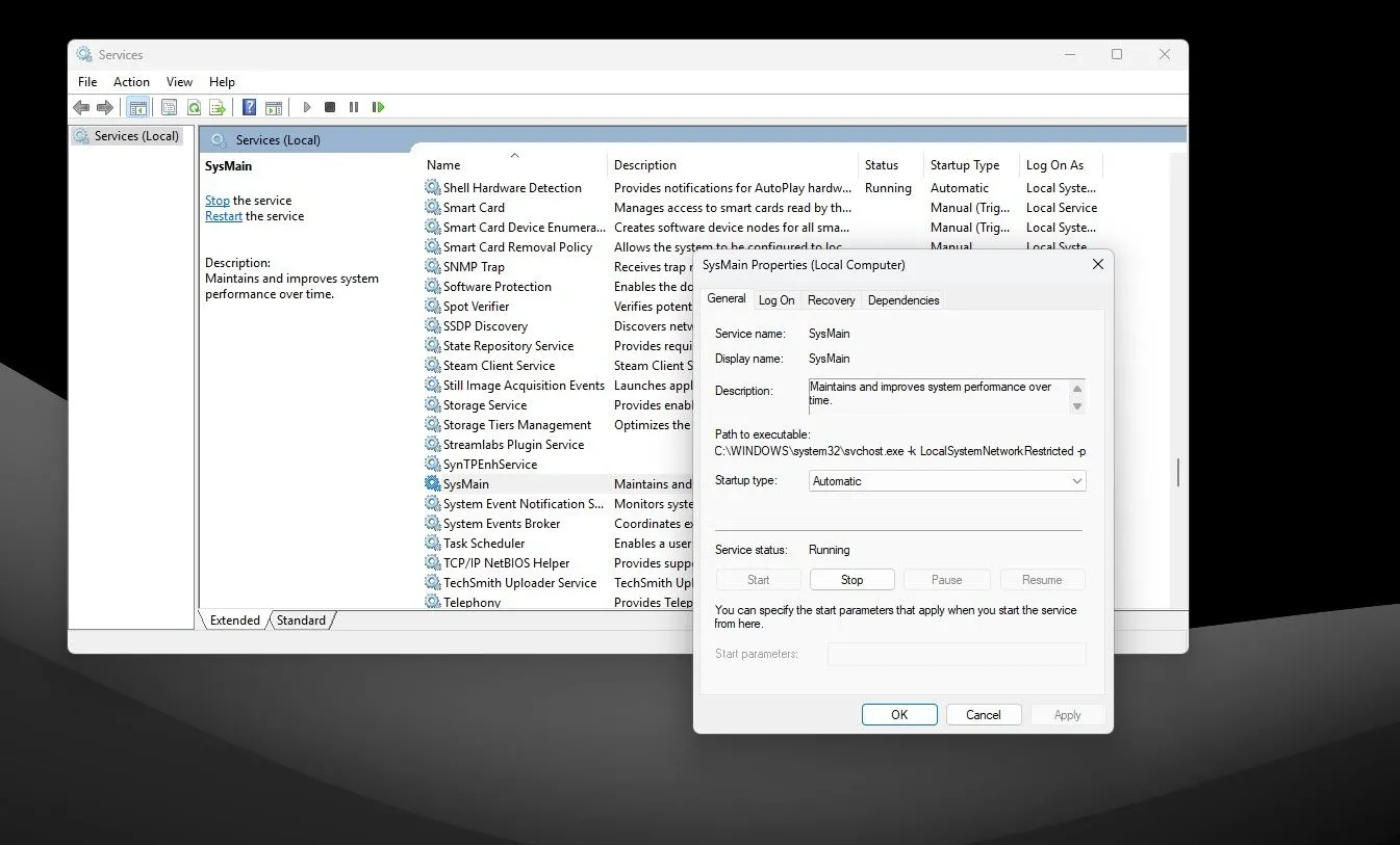 Cửa sổ quản lý dịch vụ Services.msc trên Windows 11 hiển thị trạng thái của SysMain