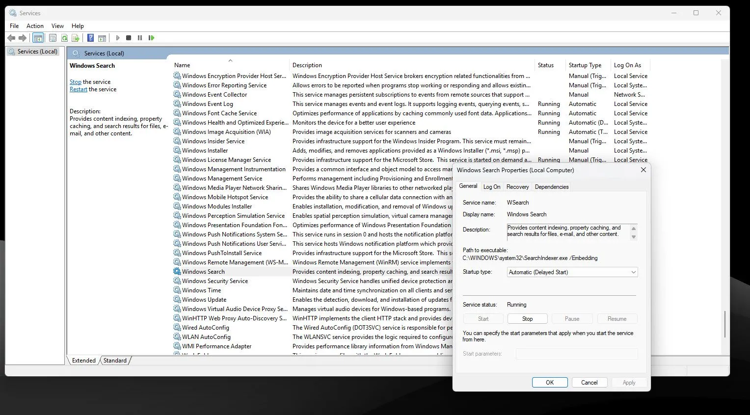 Cửa sổ quản lý dịch vụ Windows với hộp thoại thuộc tính mở, minh họa cách vô hiệu hóa dịch vụ