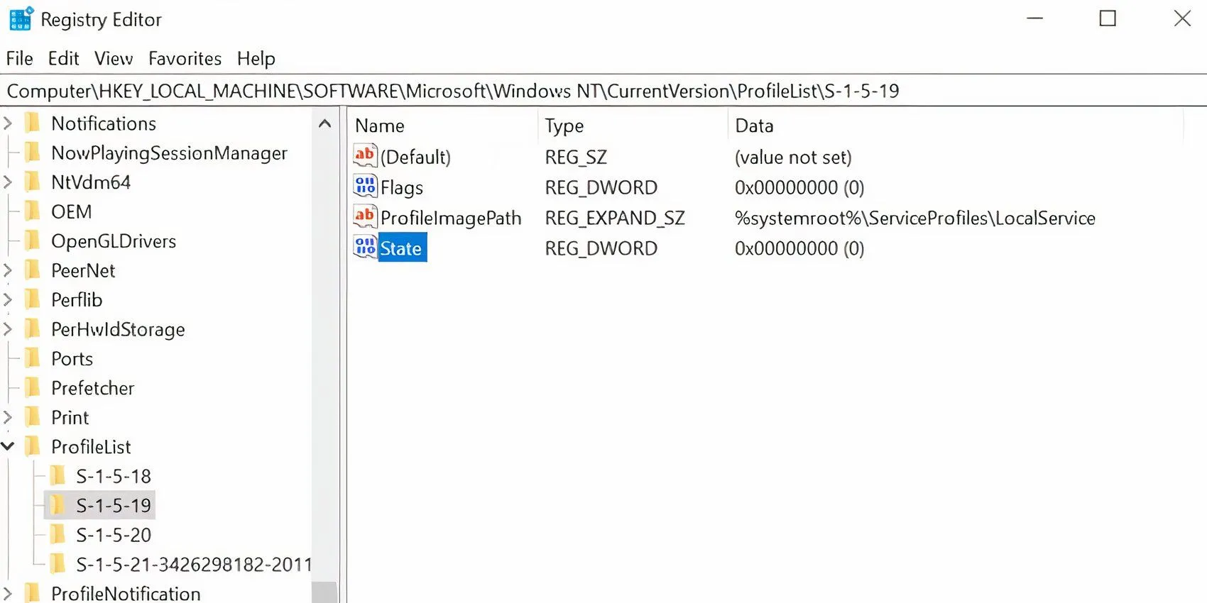 Cửa sổ Registry Editor hiển thị khóa Profile List, nơi chứa các mục liên quan đến hồ sơ người dùng cần sửa.
