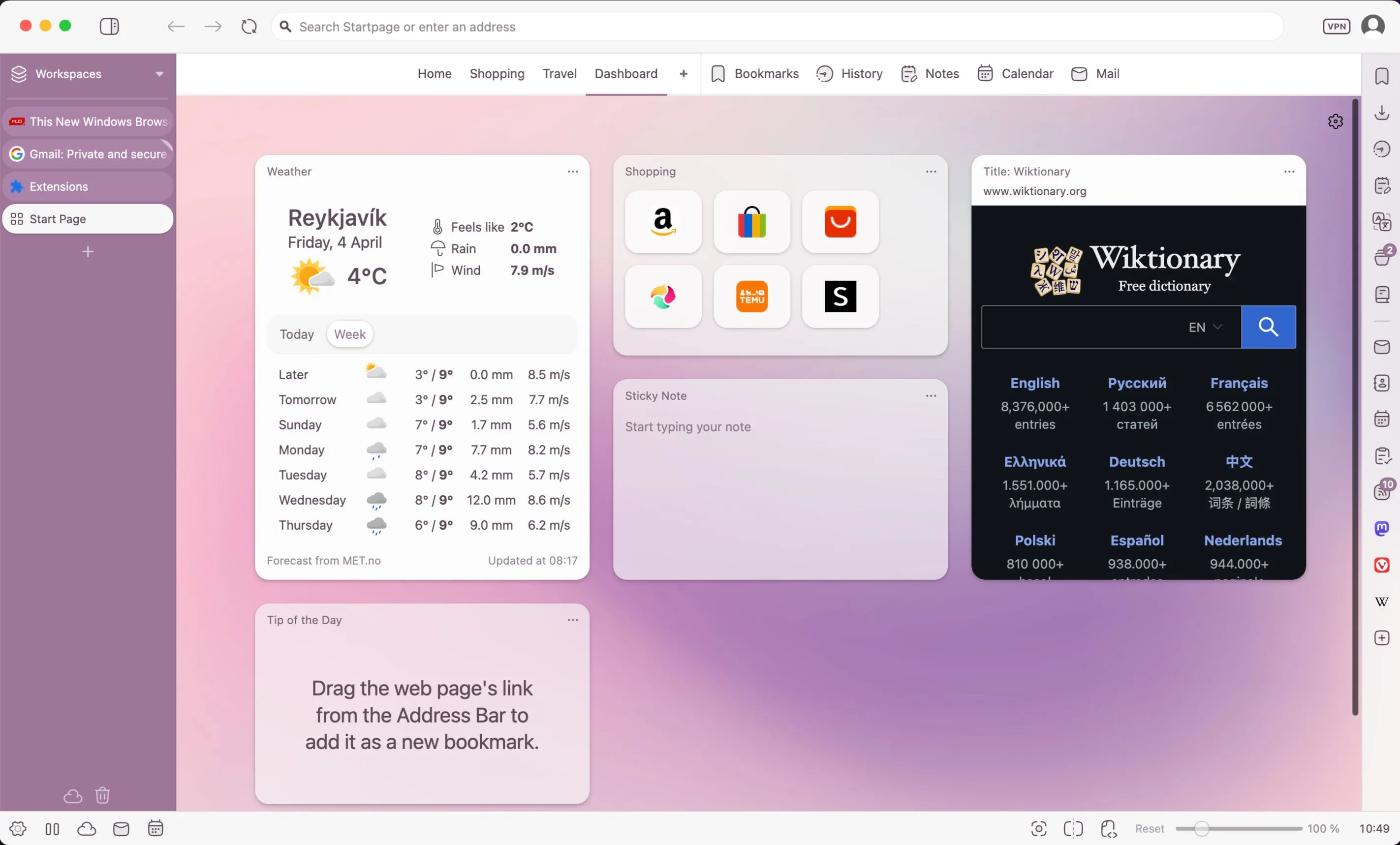Cửa sổ tab mới của trình duyệt Vivaldi với bảng điều khiển tùy chỉnh, thể hiện khả năng cá nhân hóa cao.