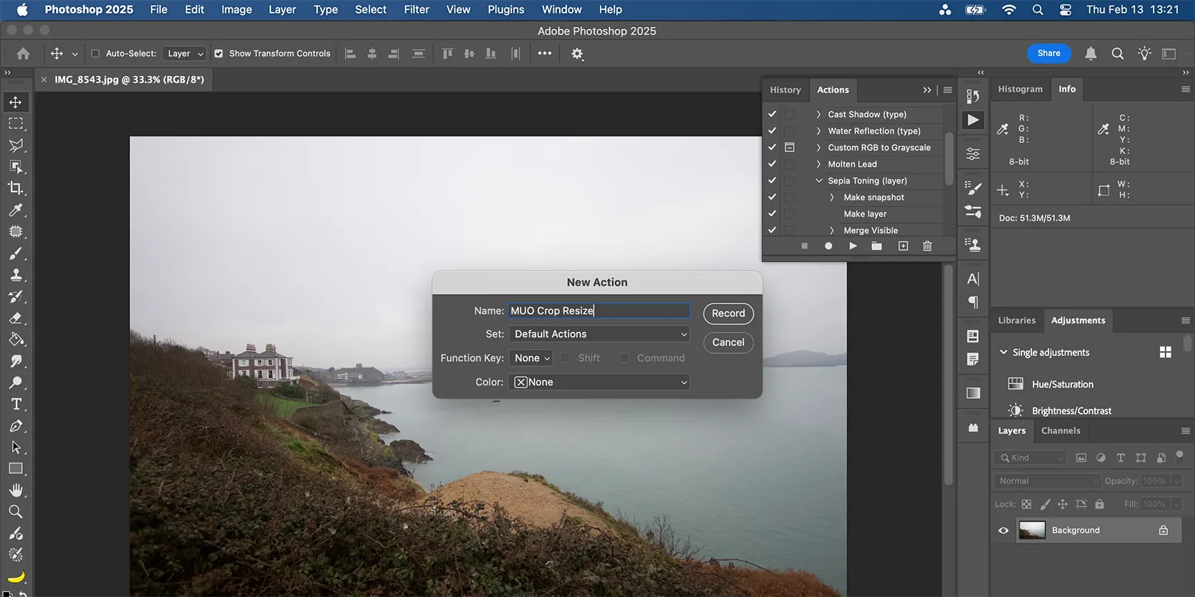 Cửa sổ tạo Action mới trong Photoshop cho phép đặt tên và bắt đầu ghi