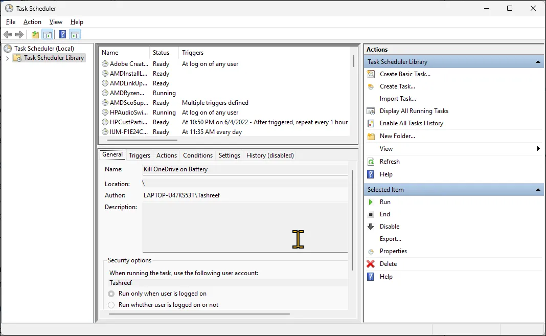 Cửa sổ tạo tác vụ mới trong Task Scheduler trên Windows 11 để thiết lập tự động hóa.