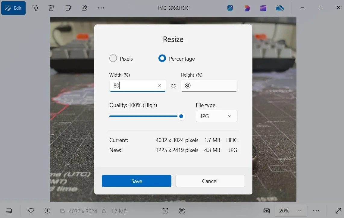 Cửa sổ thay đổi kích thước ảnh trong ứng dụng Photos Windows 11
