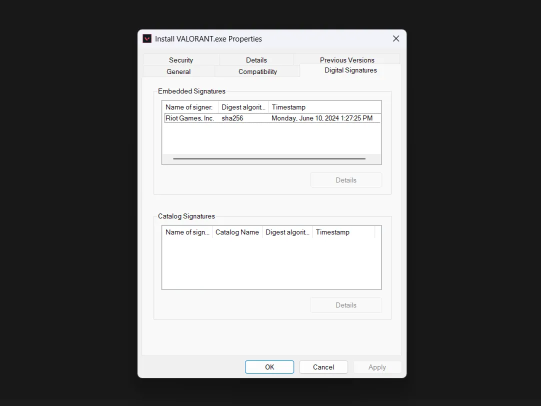 Cửa sổ thuộc tính file của Valorant hiển thị tab Digital Signatures với thông tin về chữ ký số của nhà phát hành.