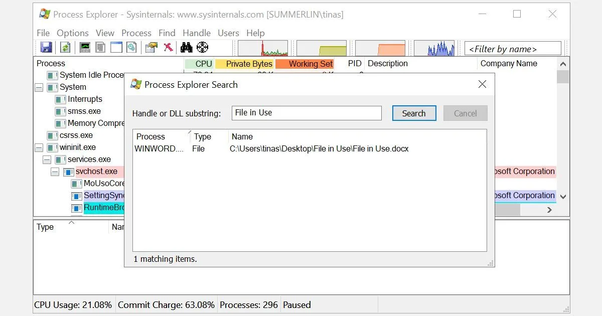 Cửa sổ tìm kiếm Process Explorer hiển thị các tiến trình đang truy cập tệp.