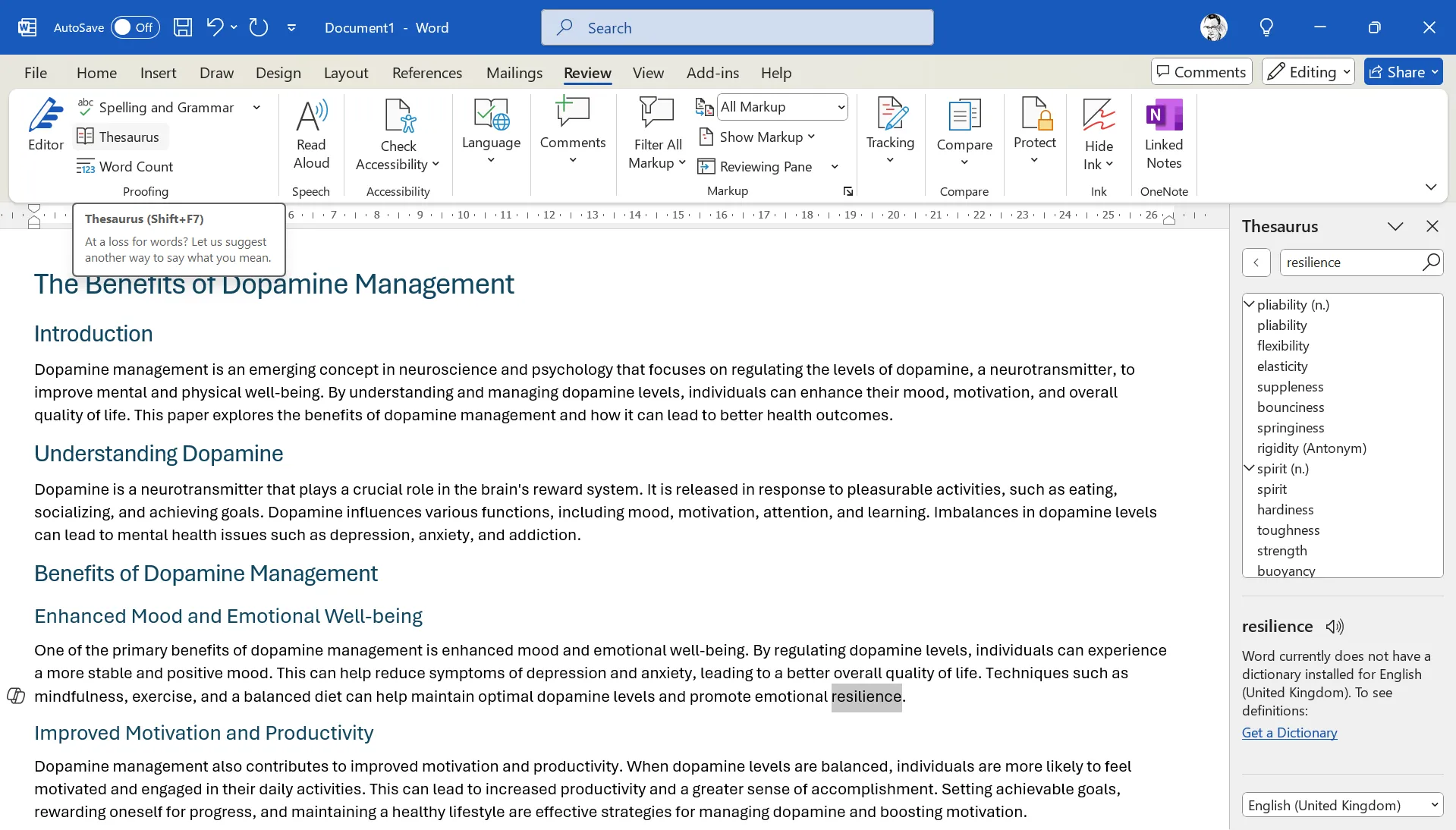 Cửa sổ Từ điển Đồng nghĩa (Thesaurus) trong Microsoft Office hỗ trợ tìm kiếm từ thay thế