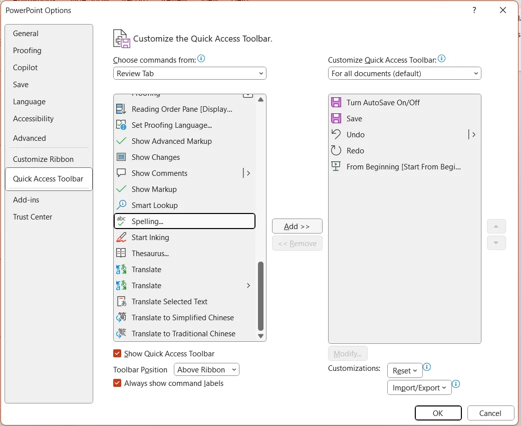 Cửa sổ tùy chỉnh Quick Access Toolbar để thêm lệnh thường dùng trong PowerPoint.