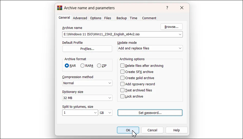 Cửa sổ WinRAR Add to Archive trên Windows 11 để chia nhỏ file