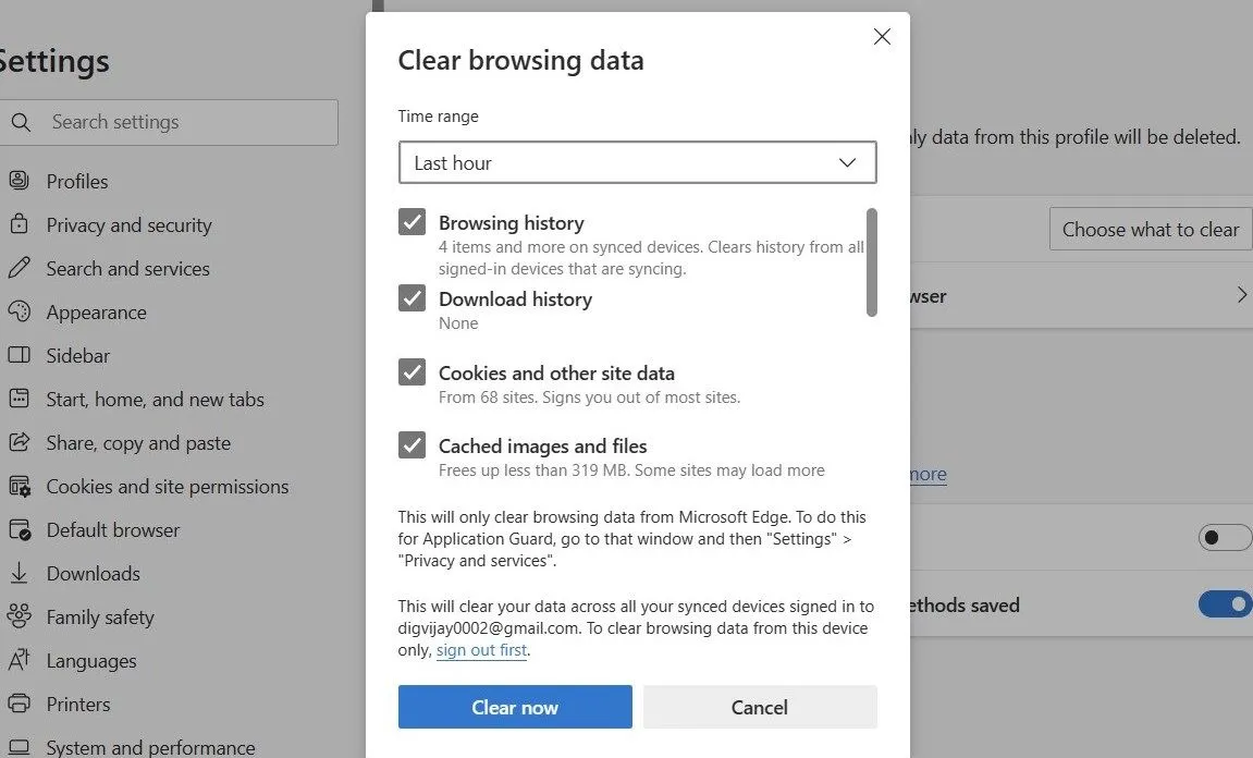Cửa sổ xóa dữ liệu duyệt web trên Microsoft Edge