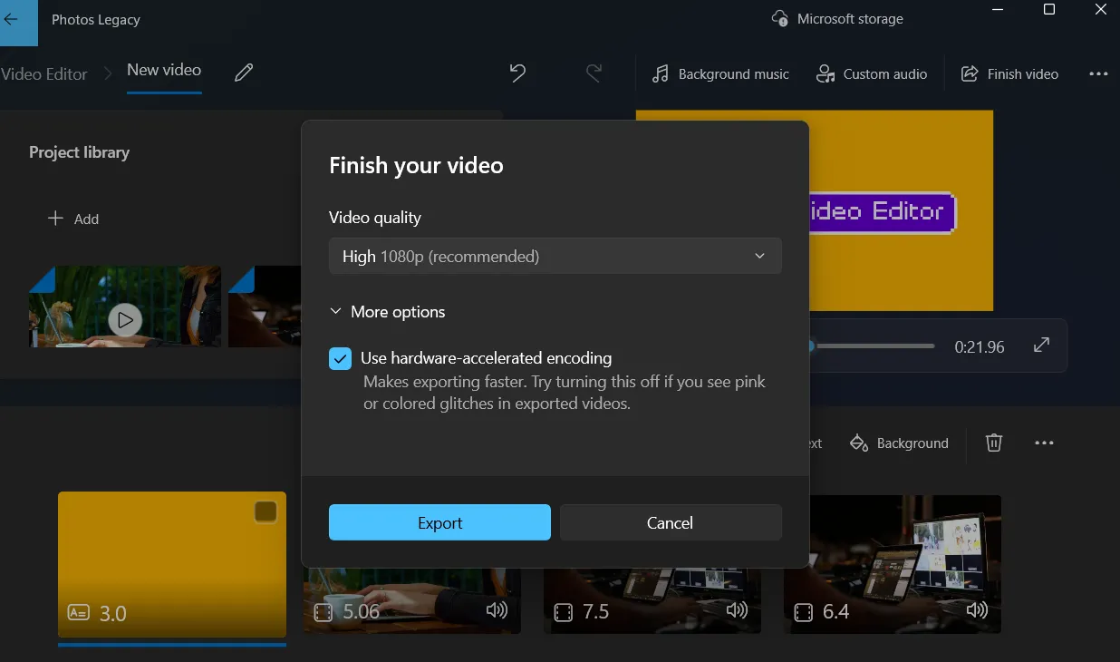 Cửa sổ xuất video (Export) với các tùy chọn độ phân giải trong Photos Legacy