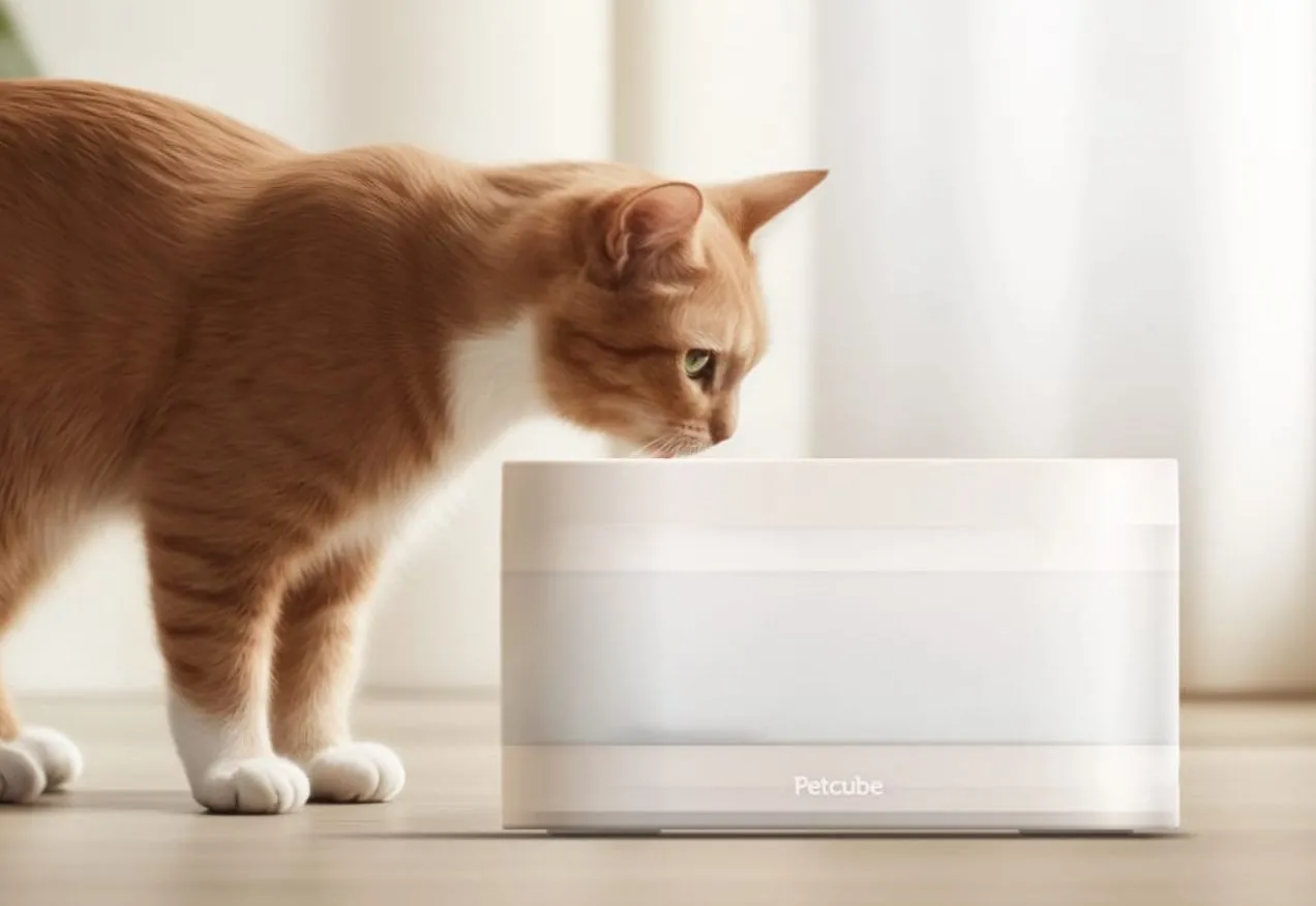 Đài phun nước lọc Petcube với chú mèo đang uống nước.