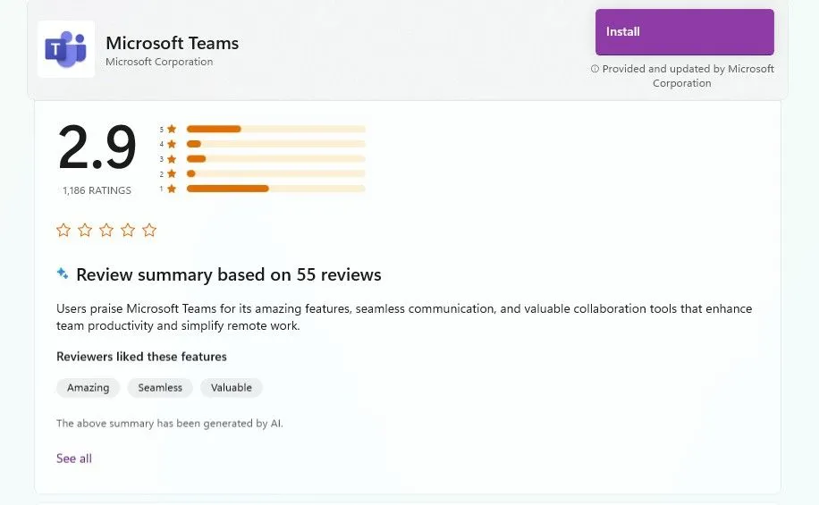 Đánh giá 2.9 sao và tóm tắt AI của Microsoft Teams trên Microsoft Store
