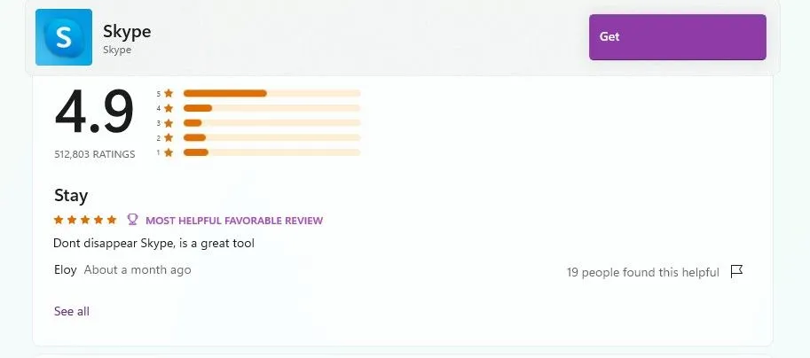Đánh giá 4.9 sao của Skype trên Microsoft Store trước khi ngừng hoạt động