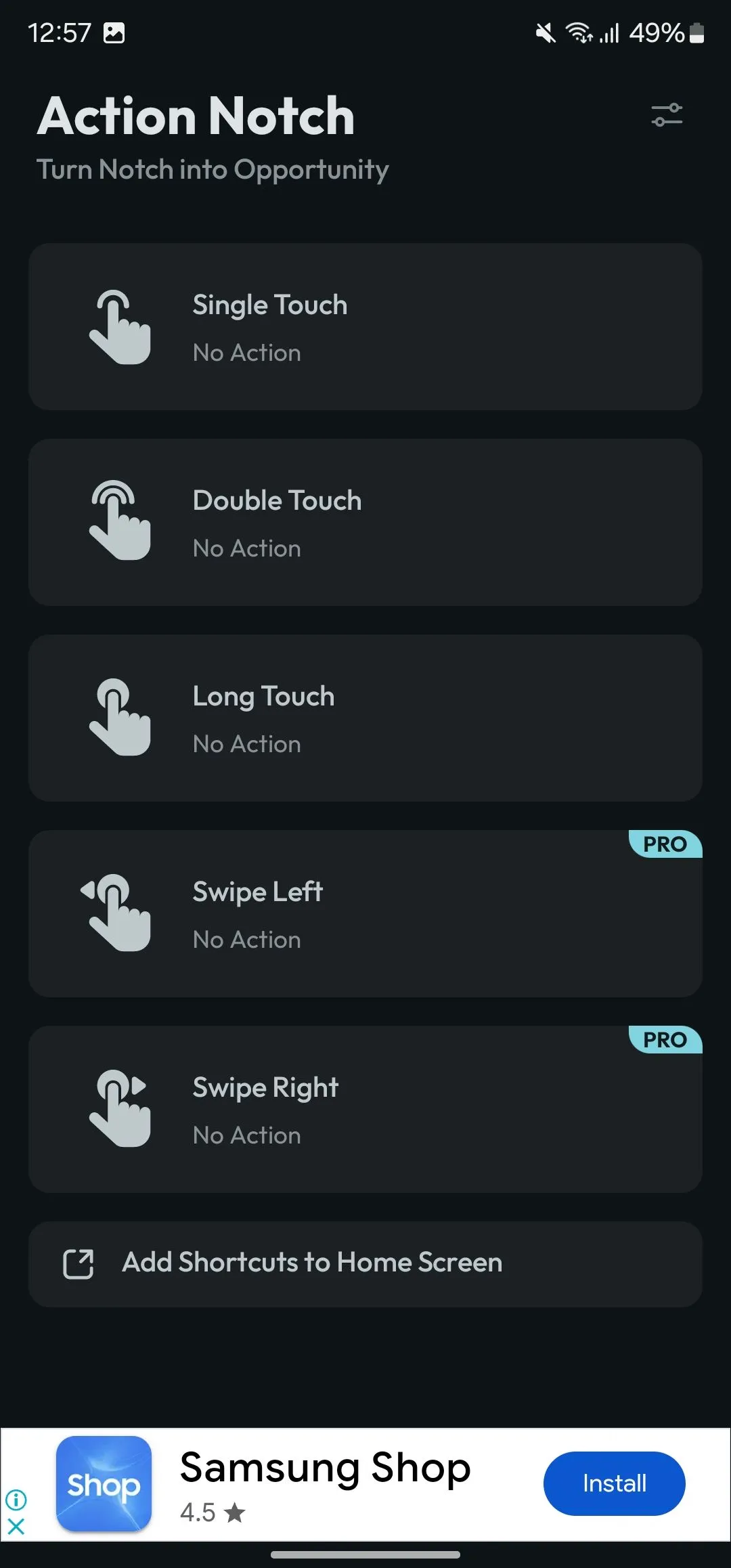 Danh sách các cử chỉ và hành động tùy chọn trong ứng dụng Action Notch trên Android.