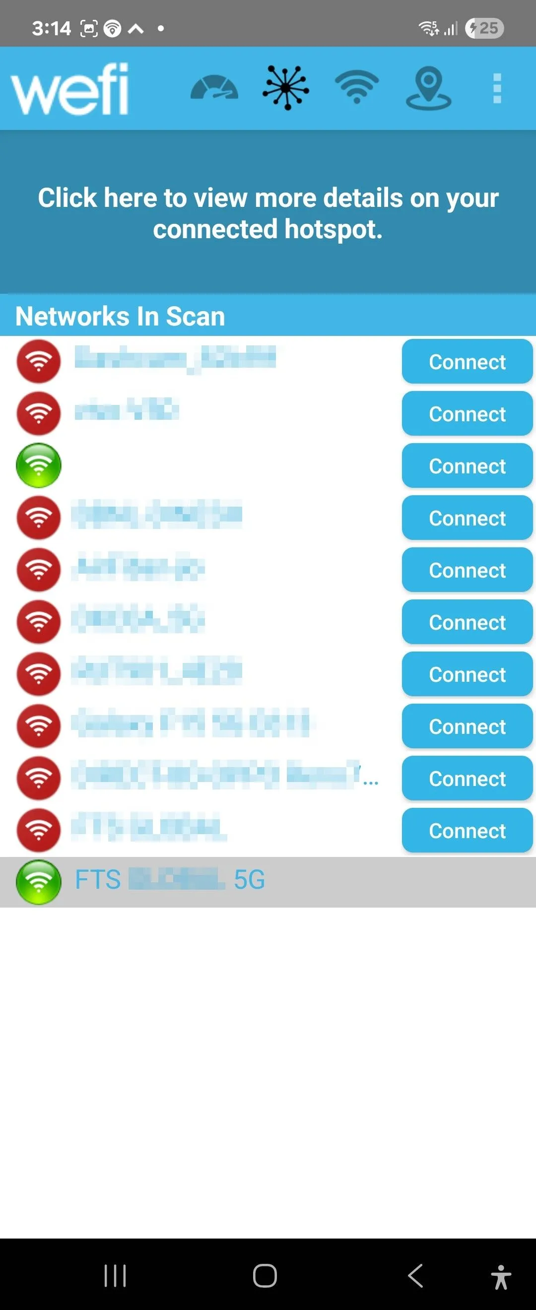 Danh sách các điểm truy cập Wi-Fi miễn phí hiển thị trên ứng dụng WeFi dành cho Android.