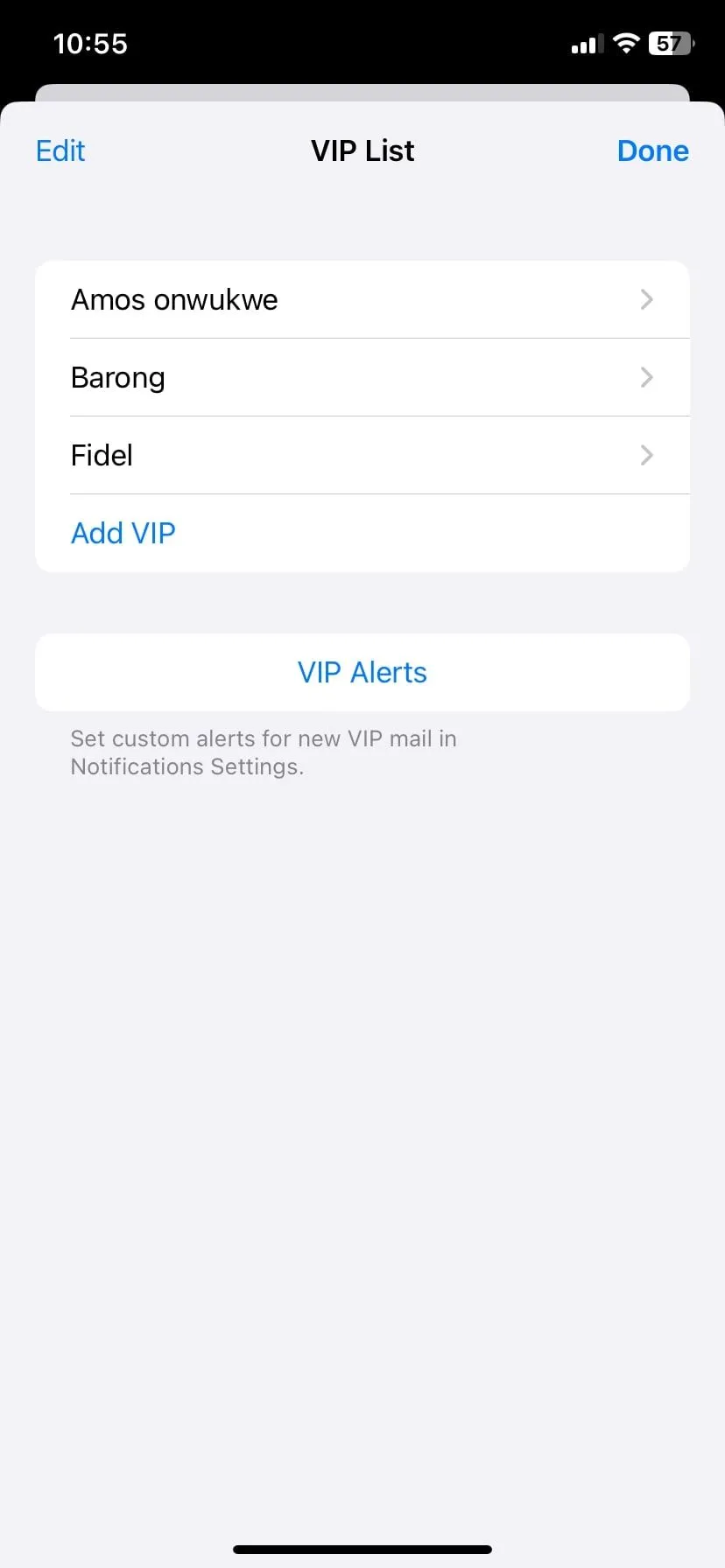 Danh sách các liên hệ VIP đã được đánh dấu trong ứng dụng Apple Mail, giúp quản lý email quan trọng.