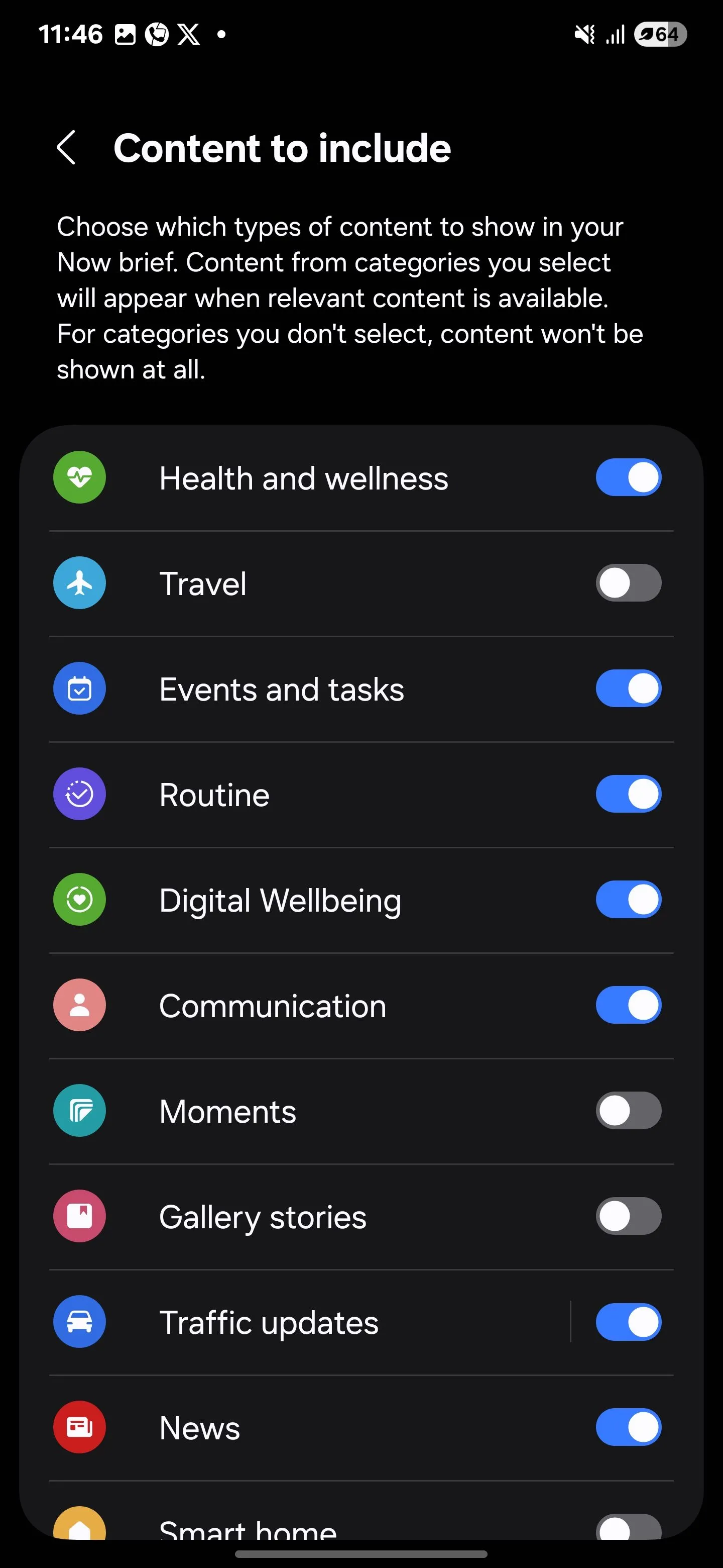 Danh sách các loại nội dung có thể bao gồm trong tính năng Now Brief trên Samsung