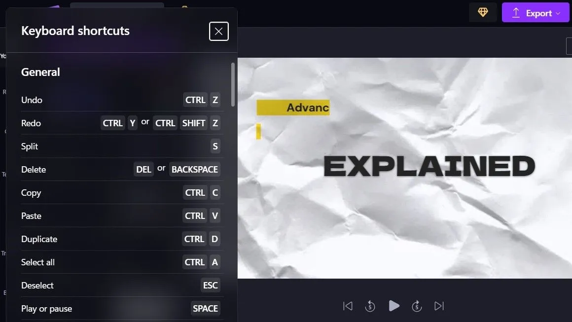 Danh sách các phím tắt bàn phím thông dụng trong Clipchamp, giúp tăng tốc độ chỉnh sửa video