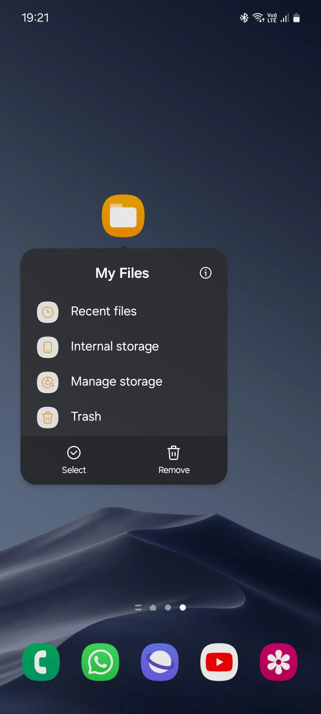 Danh sách các phím tắt của ứng dụng Tệp của tôi (Samsung My Files), bao gồm tùy chọn truy cập &quot;Tệp gần đây&quot;.
