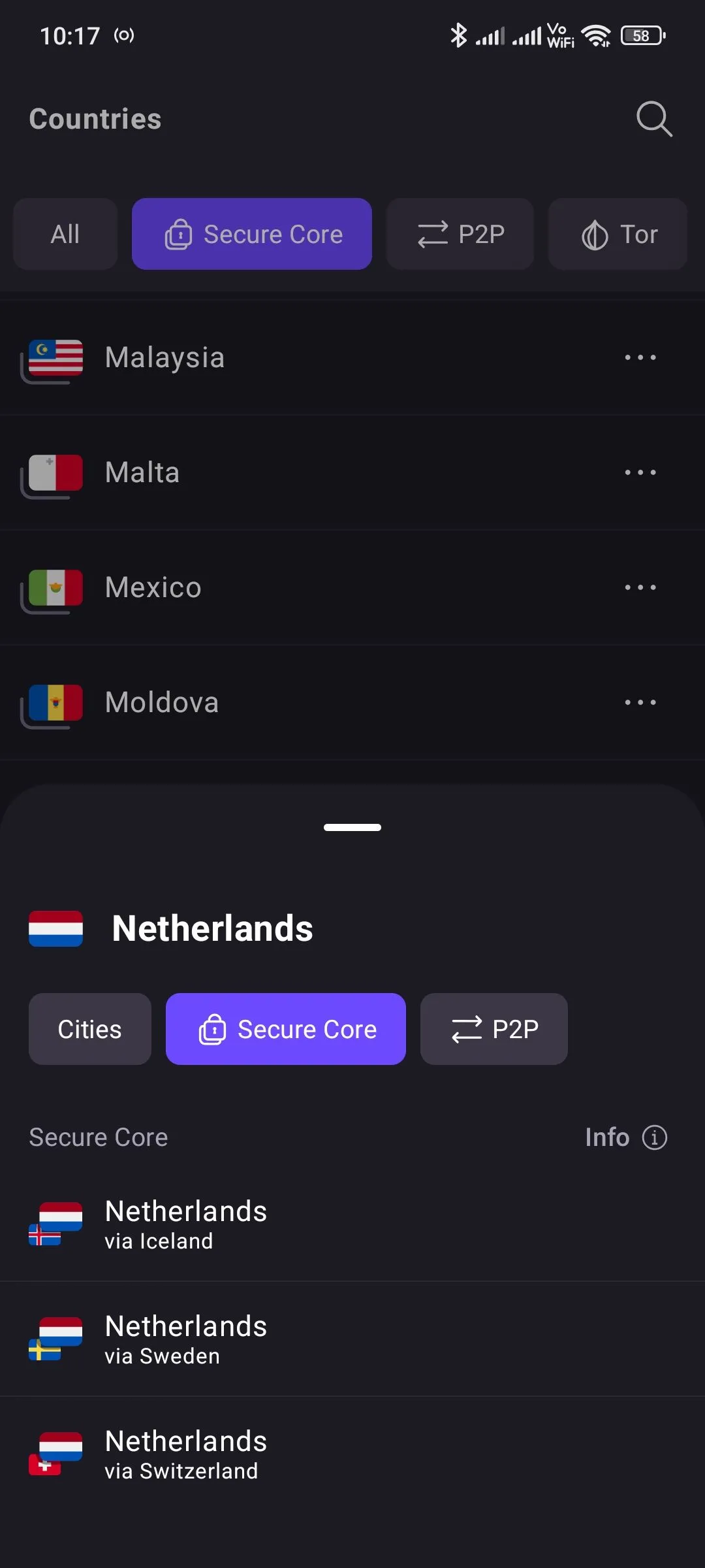 Danh sách các quốc gia có máy chủ Secure Core trong ứng dụng Proton VPN.