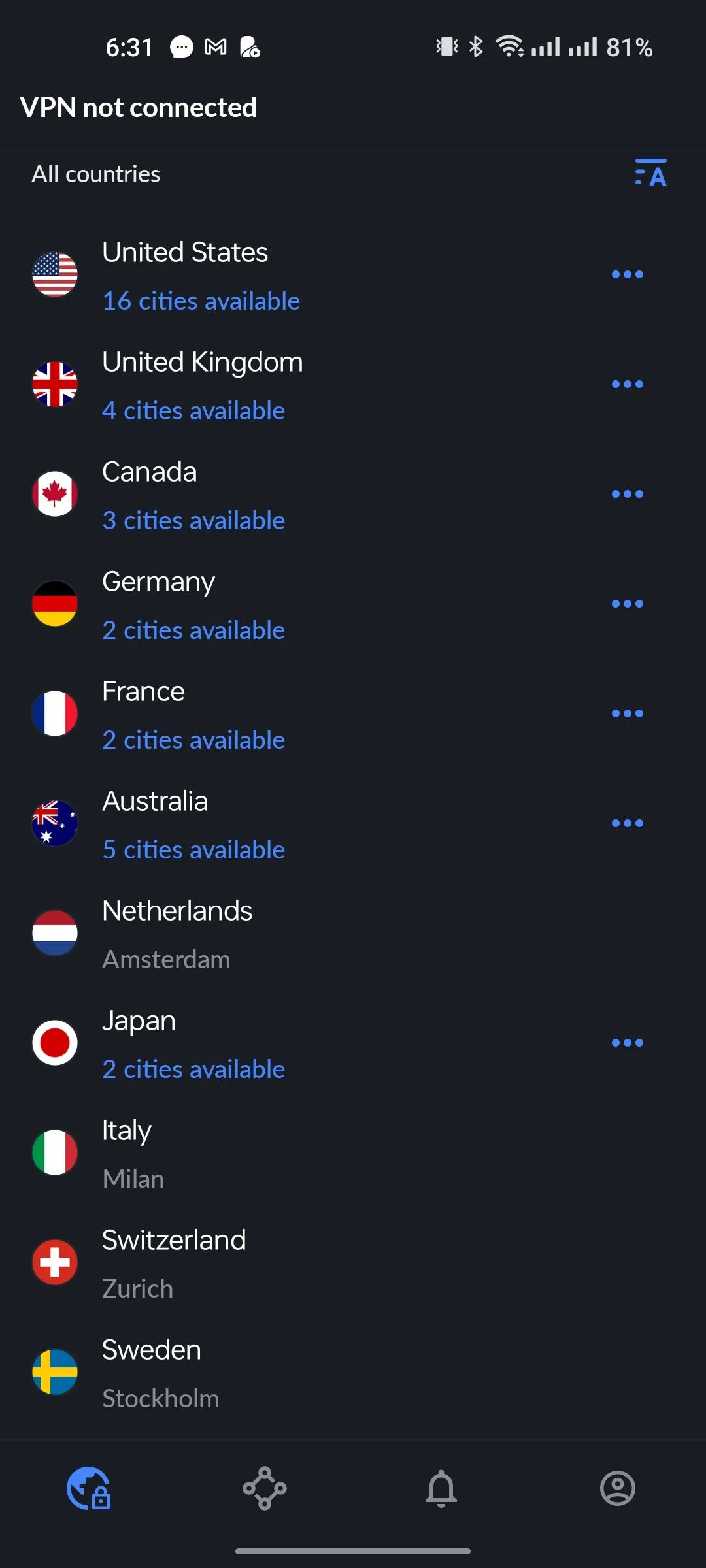 Danh sách các quốc gia có máy chủ VPN trong ứng dụng NordVPN, cho phép người dùng chọn vị trí ảo để bảo mật kết nối và truy cập nội dung khi du lịch quốc tế.